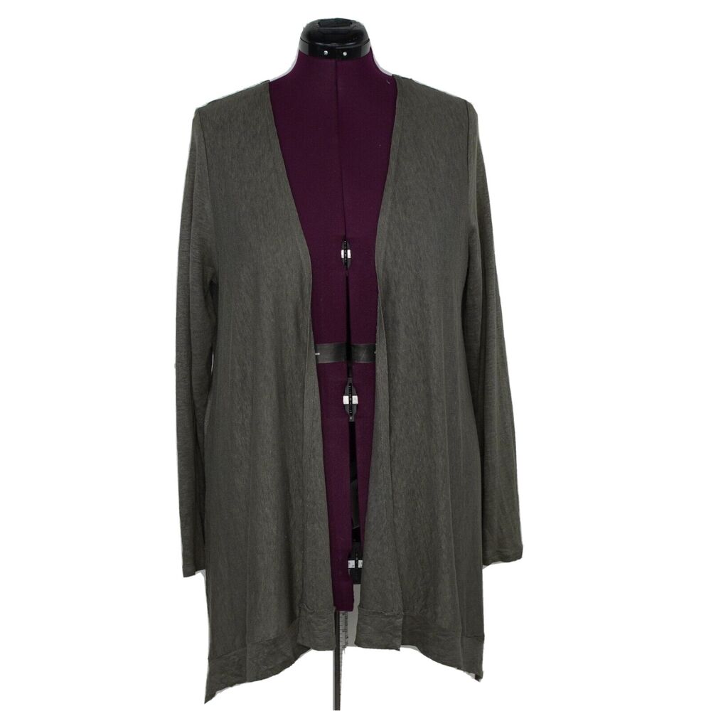 Tahari Linen Open Front Long Cardigan Olive Large Green Duster Lagenlook Coastal